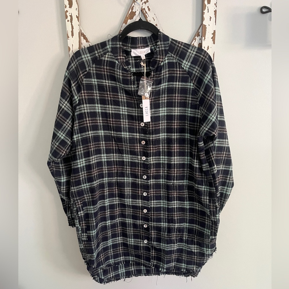 Lucca Cotton Blend Green plaid Long‎ Sleeve Shirt Dress Size XS Pockets Raw Hem